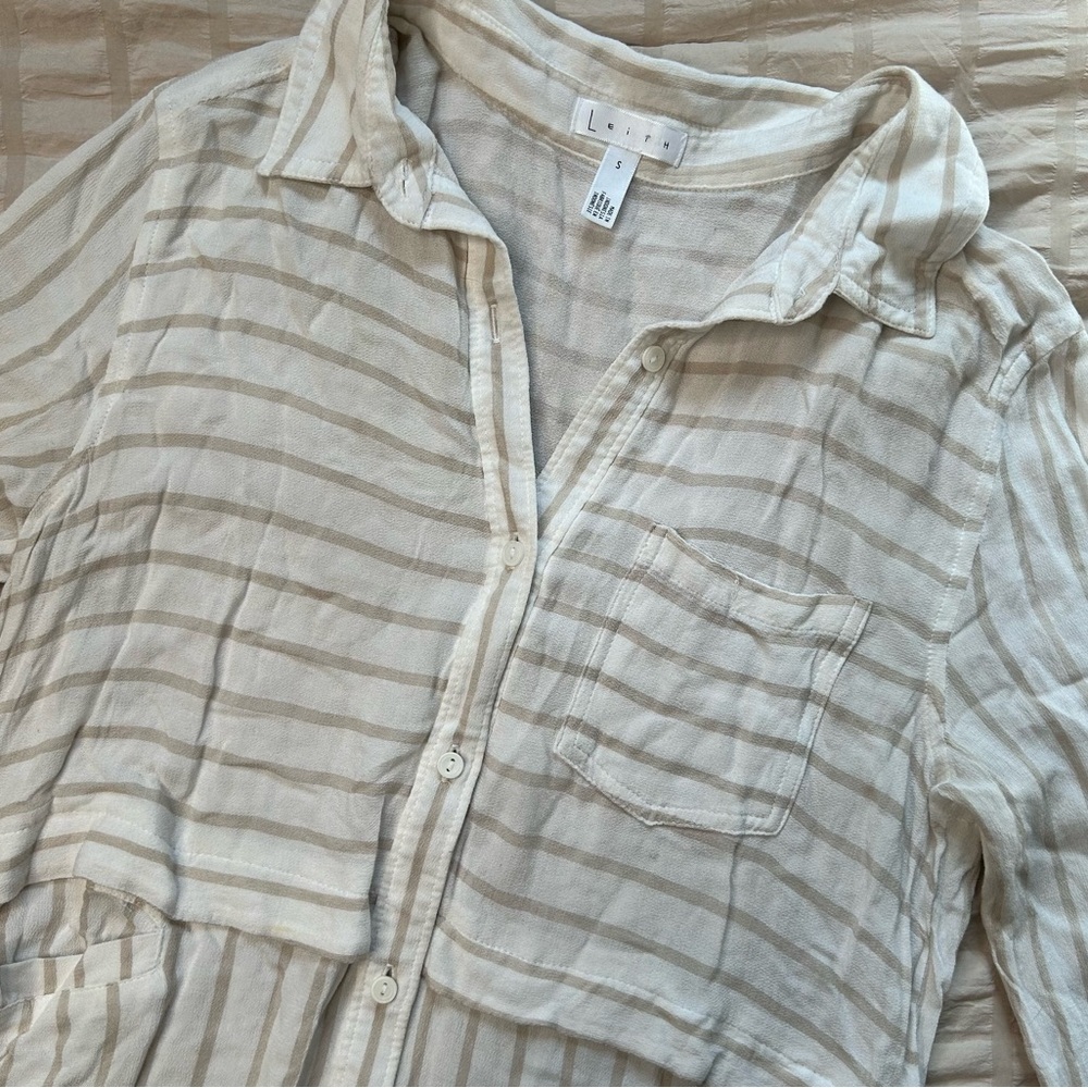 Leith Beige & White Striped Button-Down Tunic Shirt | Size S